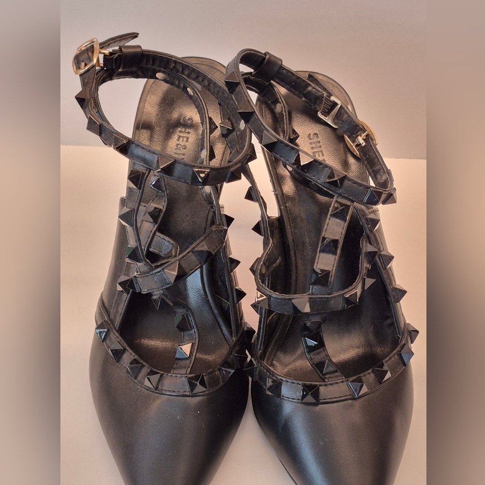 NEW SHEIN Black Studded Heels, Ankle Straps , 3.5 Inch Heell Red Bottom
